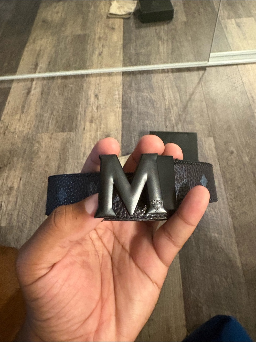 MCM Men's Black M Logo Buckle Belt with Dark Navy Monogram Strap